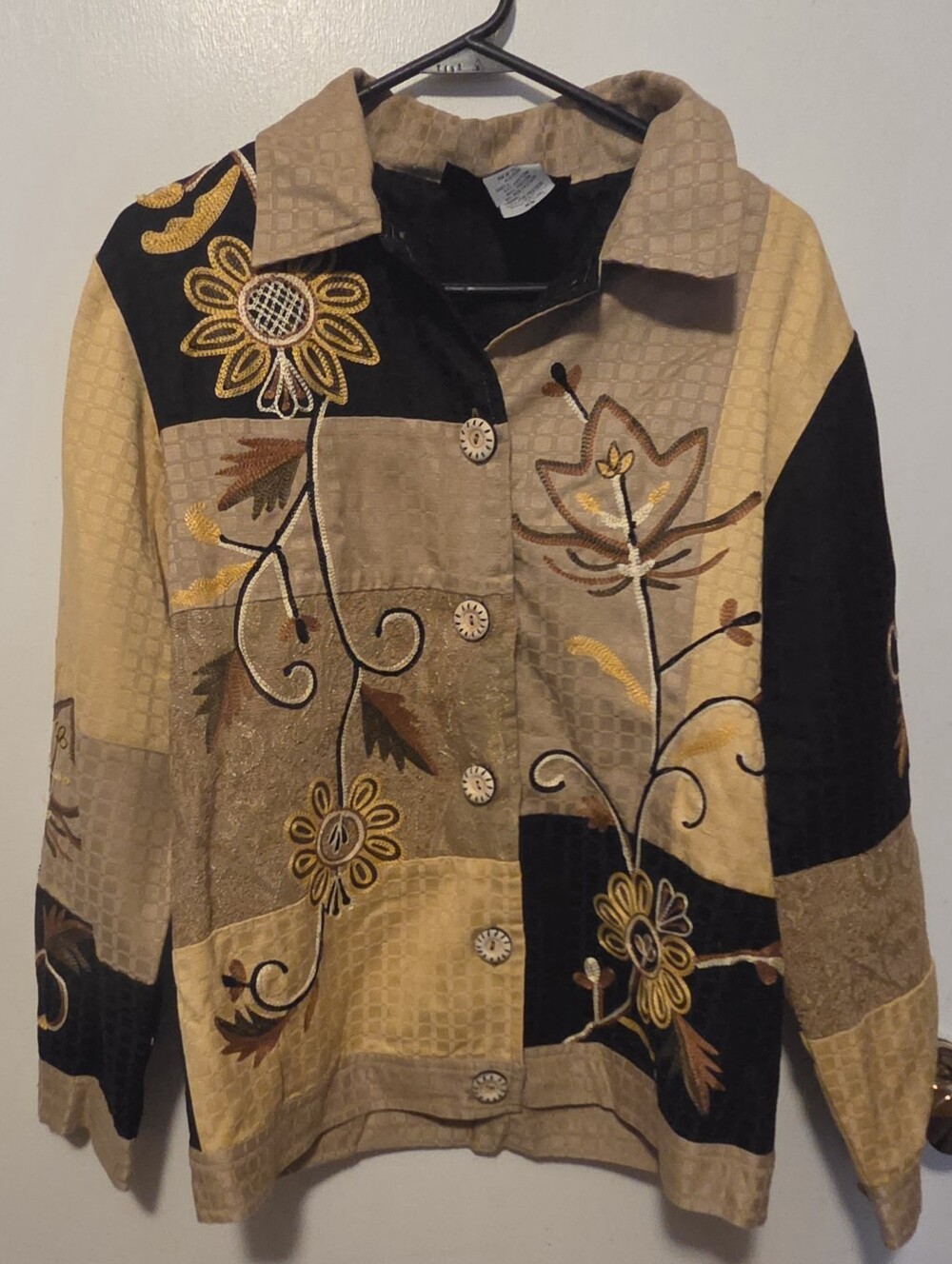 Embroidered Patchwork Jean Jacket in Tan & Black